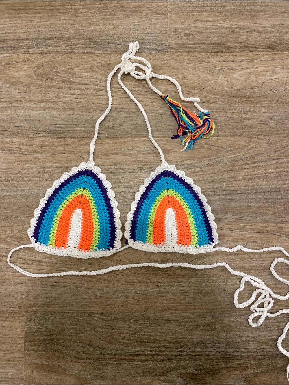Fashion Nova White Crochet Rainbow Triangle Bikini Top